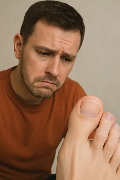 자신의 발톱을 고민스럽게 바라보는 남성