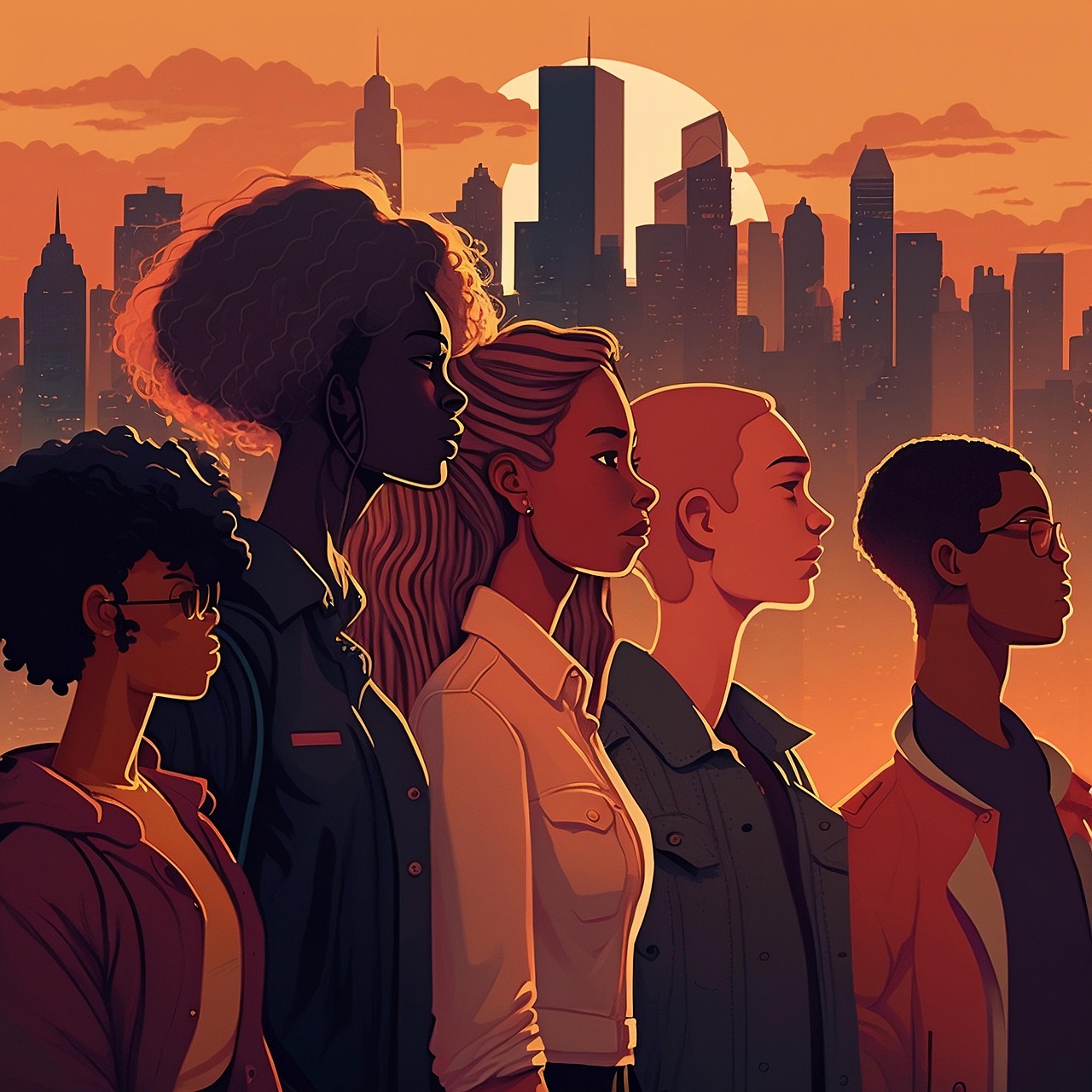 여러 인종의 사람들이 같은 방향을 보고 있는 이미지