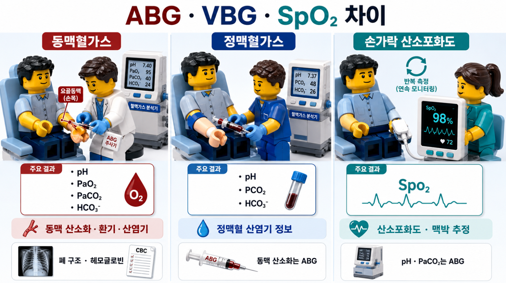 동맥혈가스검사(ABG), 정맥혈가스검사(VBG), 손가락 산소포화도(SpO₂)의 차이를 비교한 의료 인포그래픽