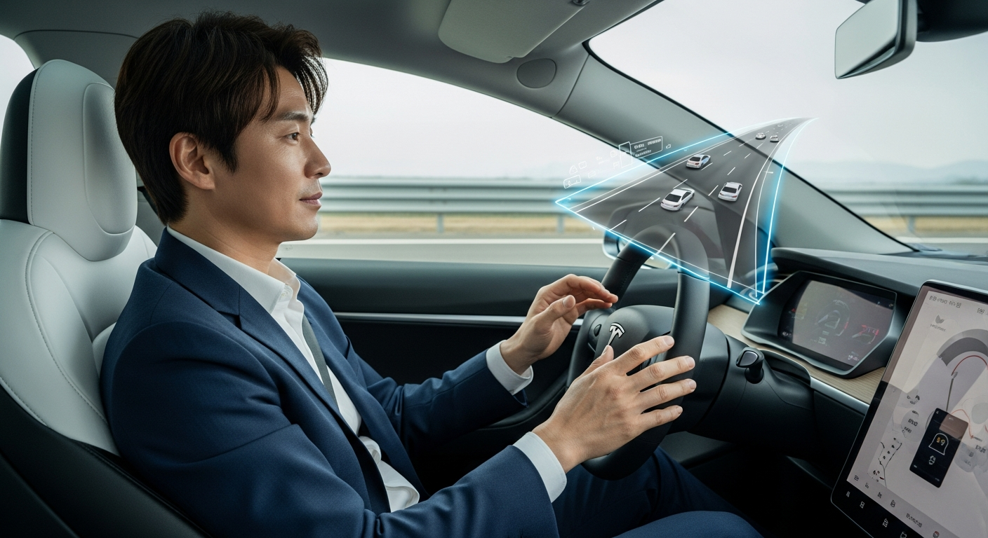 테슬라 차량 내부 디스플레이에 표시된 주변 도로 상황을 인식하는 FSD 자율주행 시각화 화면