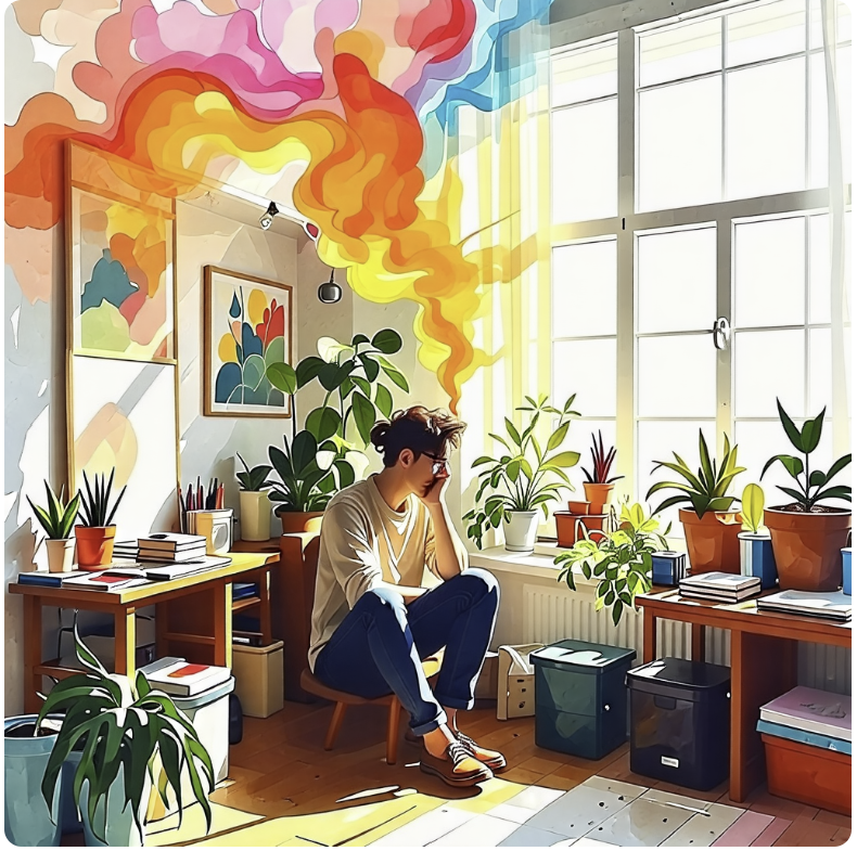 편안한 장소에서 창의적인 생각을 하고 있는 남자의 모습이 수채화풍으로 그려져 있다