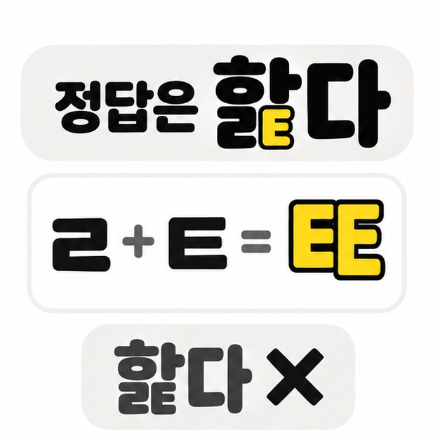 핥다의 받침 부분과 자음 구성을 확대하고 잘못된 표기 옆에 곱표를 배치한 비교 그림