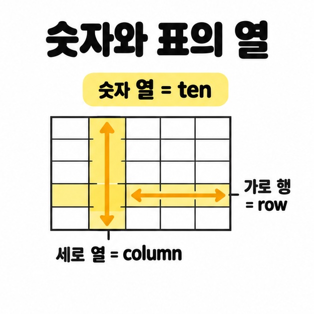 표의 세로 열과 가로 행을 각각 강조해 배열 방향의 차이를 보여주는 도식