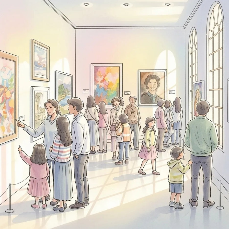 활기찬 분위기 속에서 예술을 즐기는 관람객들.