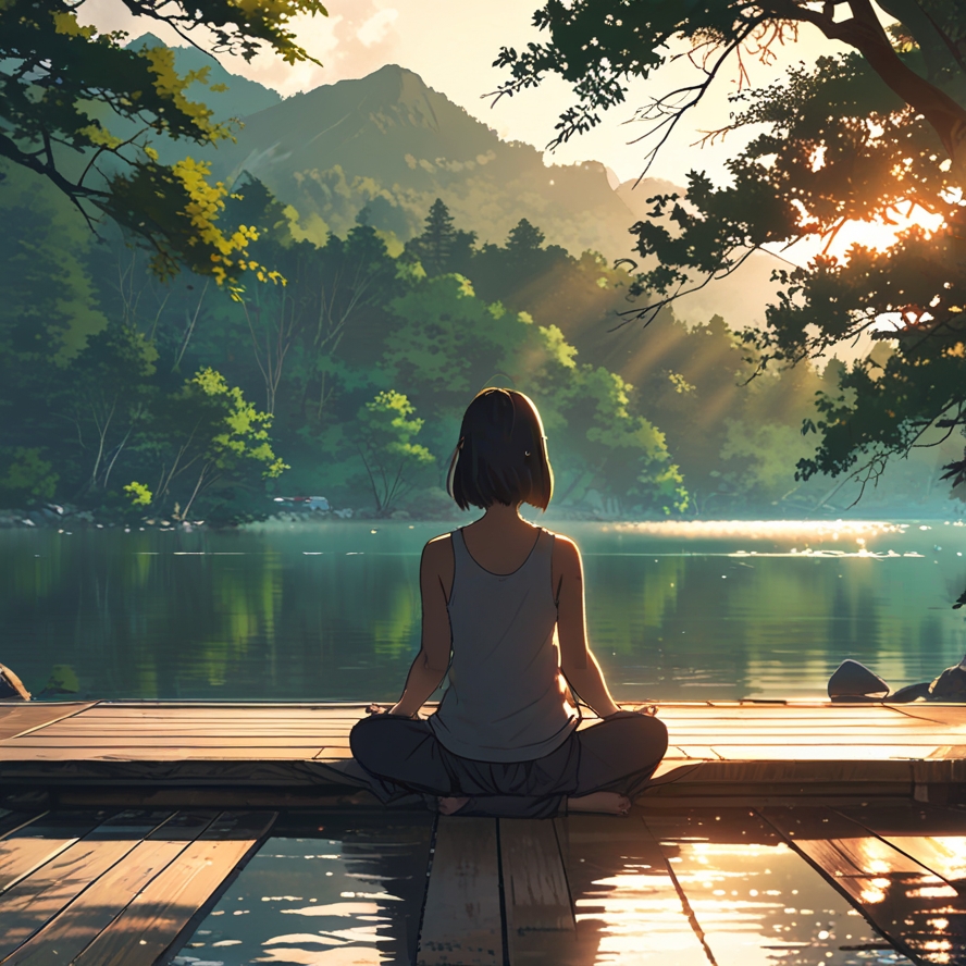 "조용한 호수 위 나무 데크에서 아침 햇살을 받으며 명상하는 한국인 여성. 숲과 맑은 물이 어우러진 평온한 분위기 속에서 마음을 안정시키고 스트레스를 해소하는 장면. 자연 명상, 힐링, 정신 건강을 위한 최적의 순간."