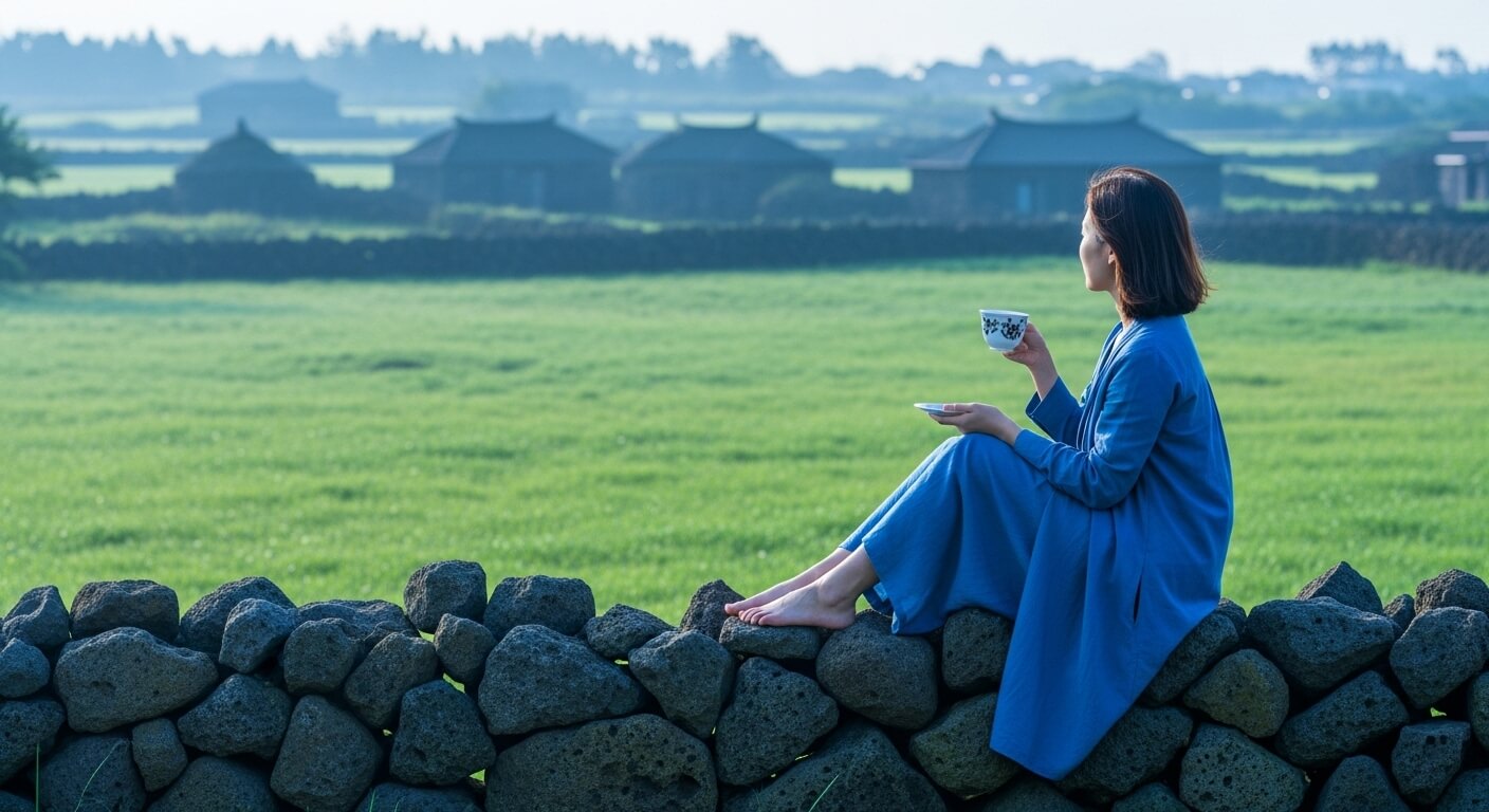 제주 오름을 바라보며 디지털 디톡스를 즐기는 사람의 평화로운 모습.
