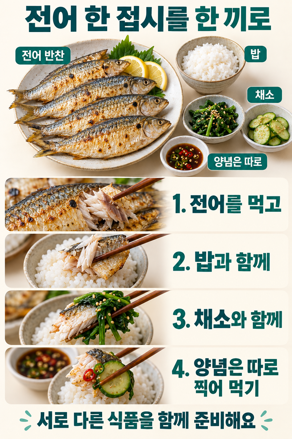 익힌 전어, 밥, 채소와 별도 양념 그릇으로 한 끼를 준비하는 예.