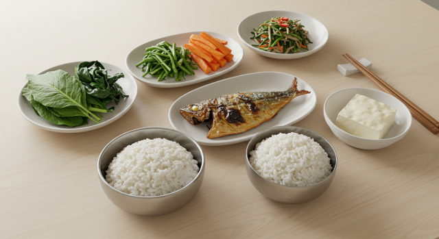 채소와 단백질 위주로 차려진 한국식 건강 식단