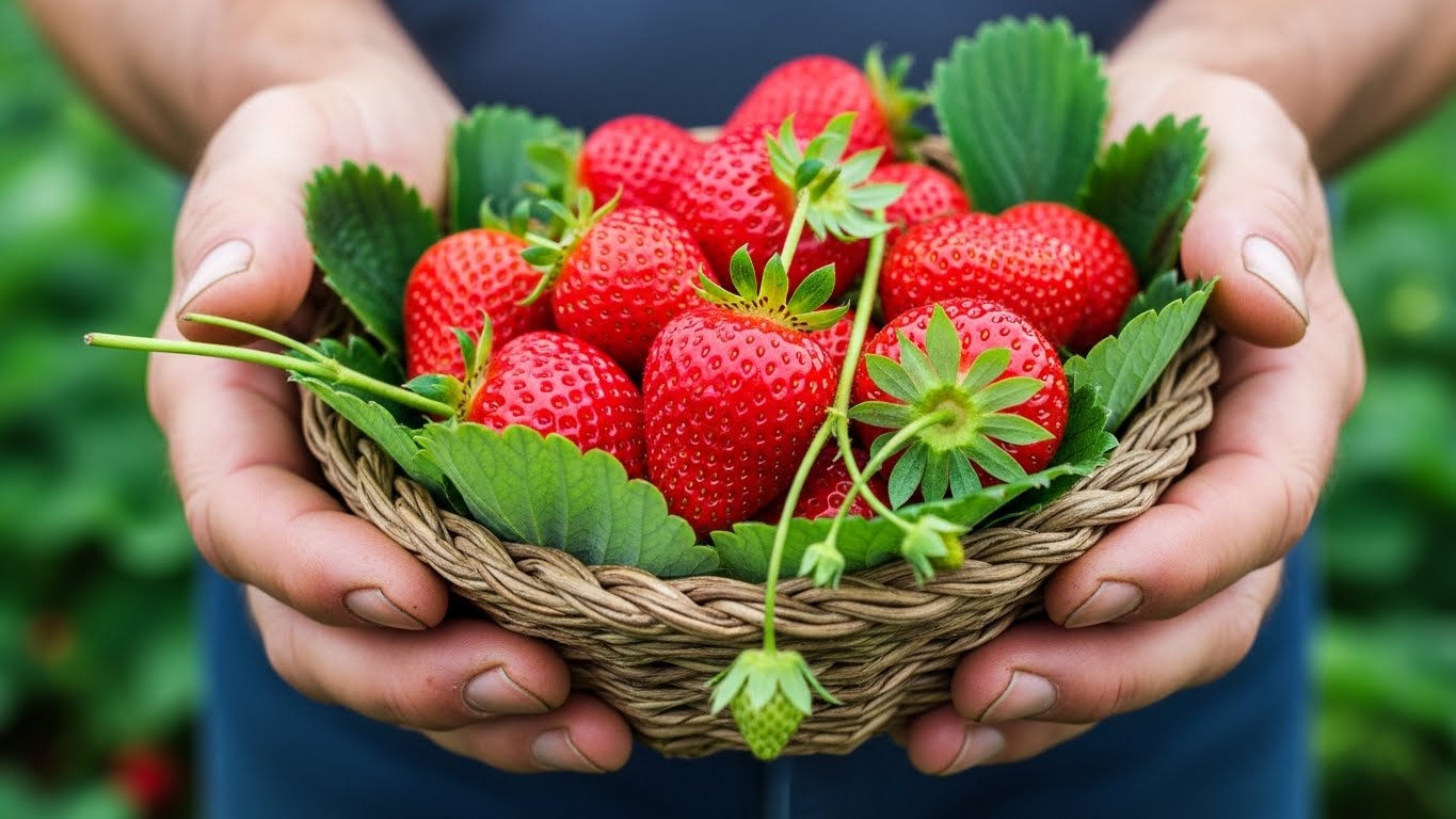 농부가 갓 수확하여 이슬 맺힌 신선한 딸기가 가득 담긴 바구니를 두 손으로 들고 있는 모습