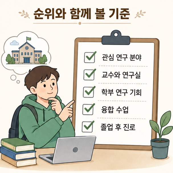 생명공학과 대학을 고를 때 순위와 함께 관심 연구 분야, 연구실, 연구 참여 기회, 융합 수업, 진로를 확인하는 모습을 정리한 이미지