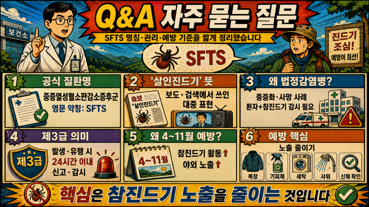 SFTS 공식 질환명, 살인진드기 표현, 법정감염병 관리 이유, 제3급 분류, 4월부터 11월 예방 기준을 Q&A 형식으로 정리한 옛날 만화 형식 인포그래픽