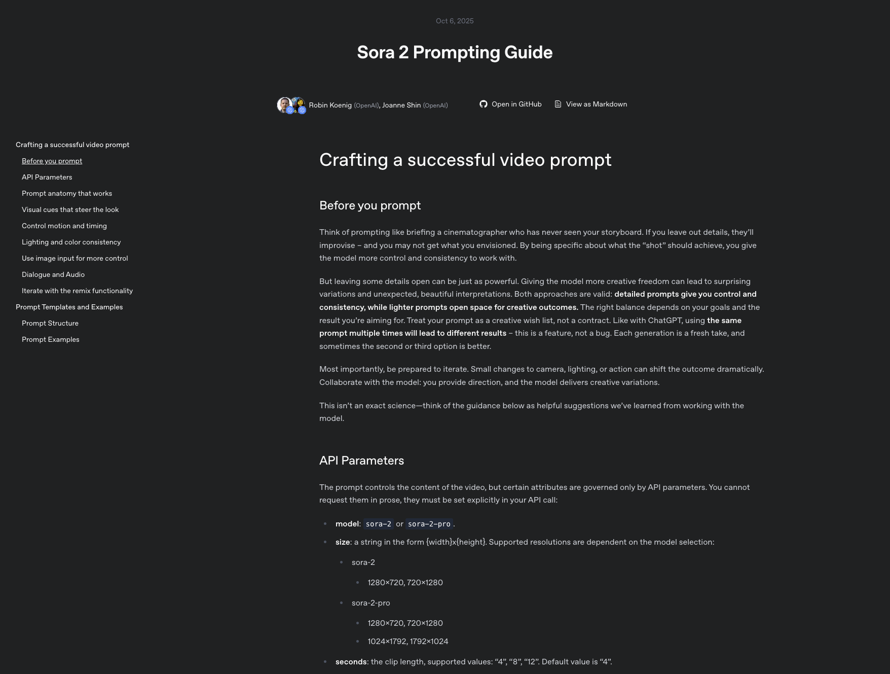 openai에서 제공한 Sora2 프롬프트 가이드 페이지 이미지