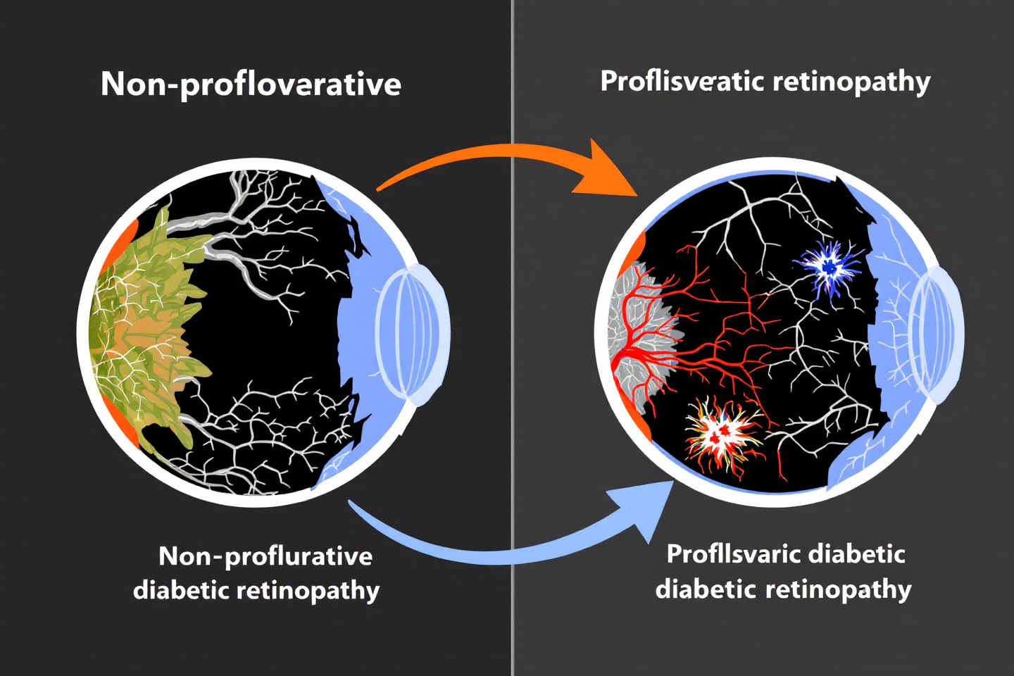 📌 (그림 2 삽입) 프롬프트: "비증식성 당뇨망막병증과 증식성 당뇨망막병증의 차이를 설명하는 다이어그램"