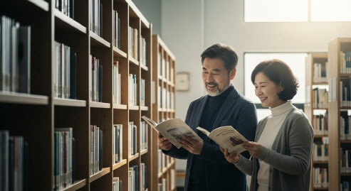 도서관에서 책 고르는 중년 부부&amp;#44; 조용하고 아늑한 분위기