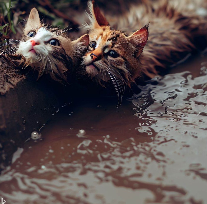 도랑에 빠져 허우적대는 고양이들(made by Bing)