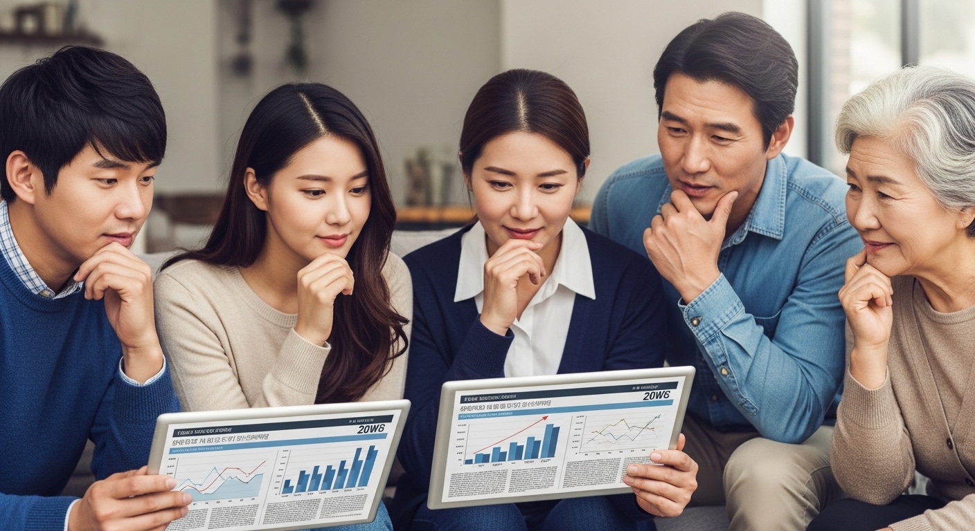 다양한 연령대의 사람들이 태블릿으로 경제 뉴스를 보며 논의하는 모습.