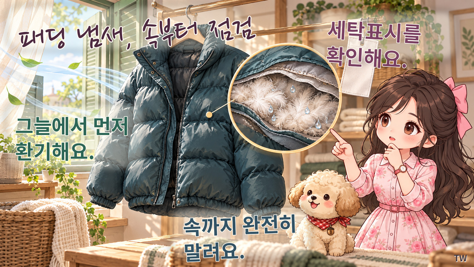 평평하게 펼친 니트의 공기 순환과 섬유 형태를 확대해 보여주고 니트 환기, 세탁표시 확인, 완전 건조 후 접어 보관을 설명하는 교육용 인포그래픽