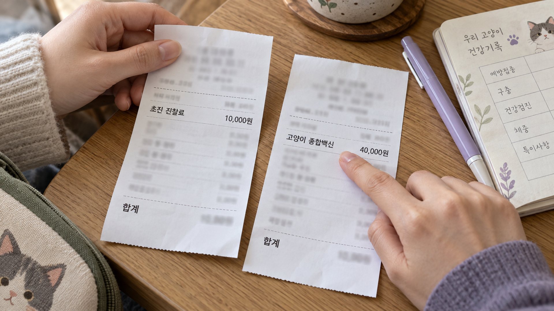진료비 영수증 두 장을 나란히 놓고 항목을 짚어 보는 손