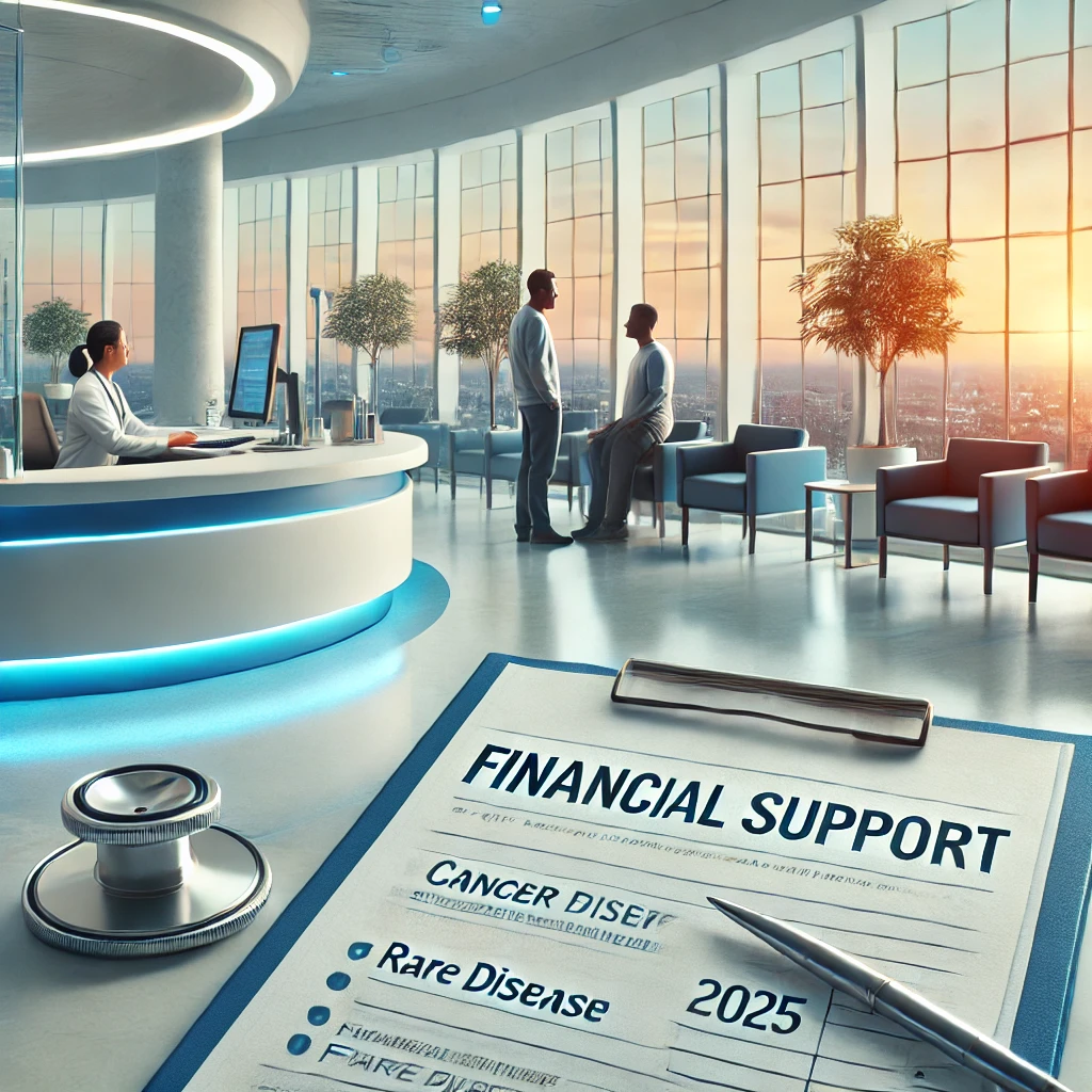 고급 병원에서 암, 희귀질환자를 위한 의료비 지원 정책에 대해 설명을 듣고 상담을 받는 일러스트 그림