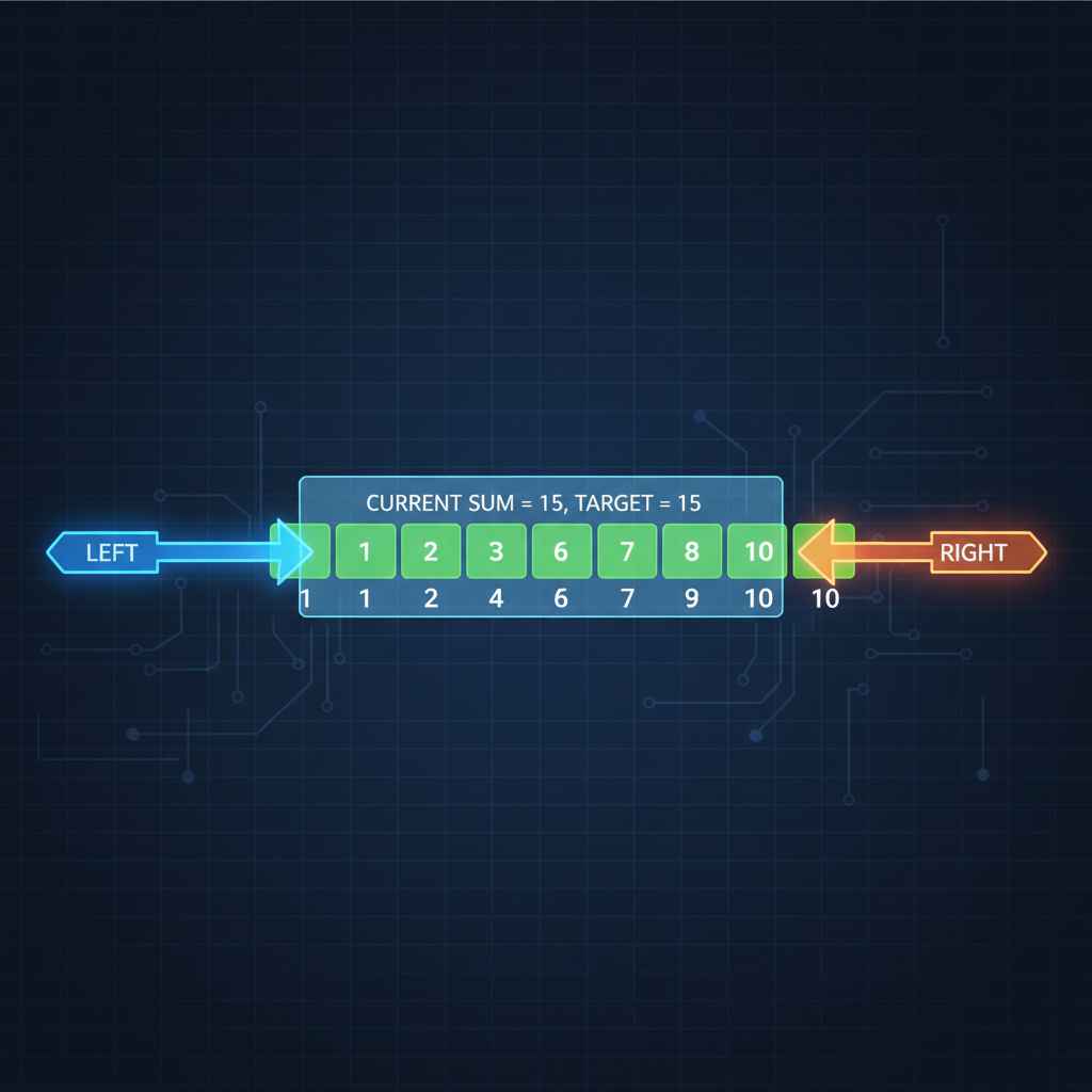 두 개의 화살표가 배열의 양 끝 또는 시작점에서 이동하며 특정 조건에 부합하는 부분 집합이나 합계 데이터를 찾아내는 투 포인터 알고리즘의 동작 시뮬레이션 이미지입니다.