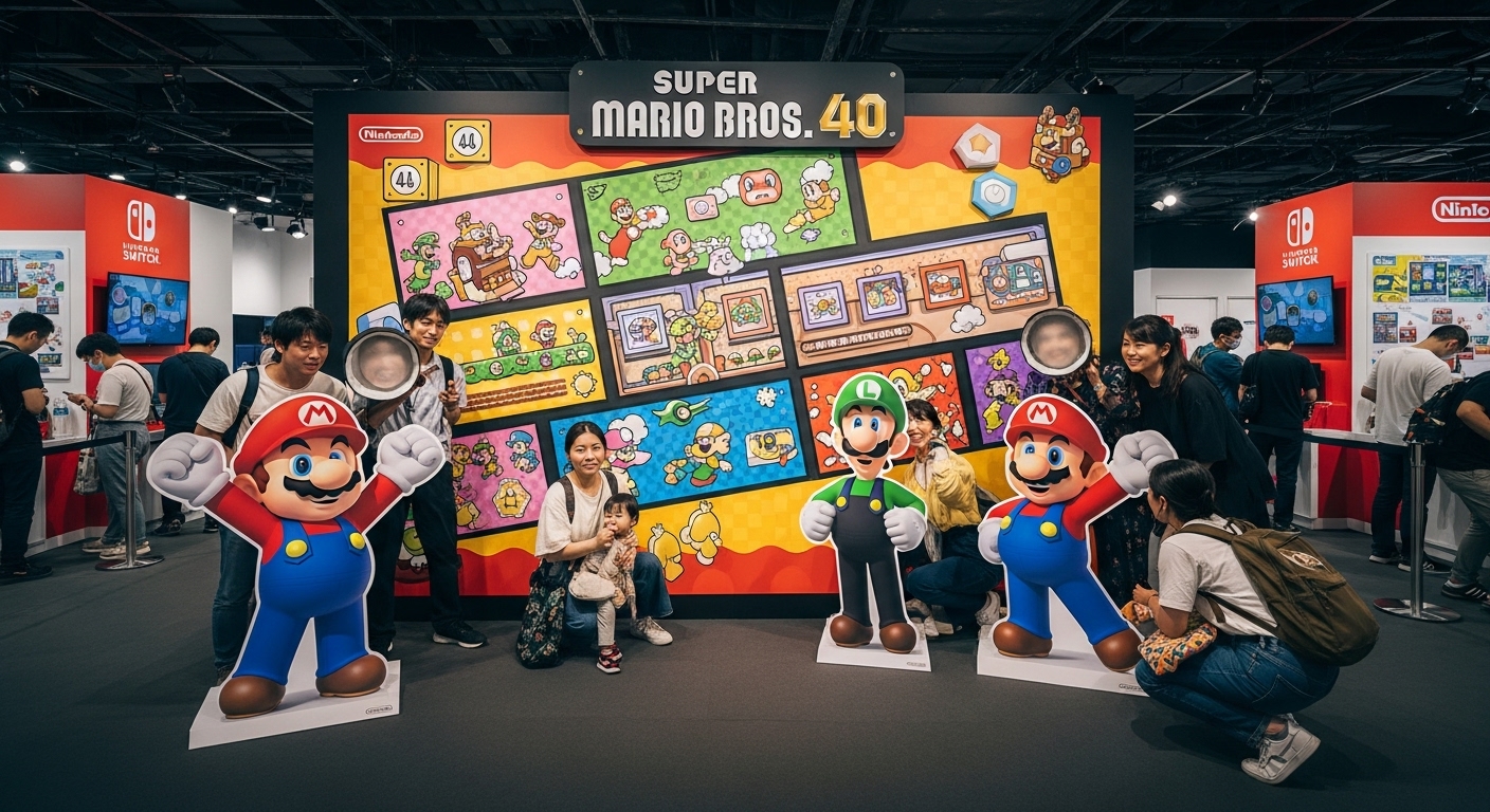 슈퍼마리오 40주년 스토리보드와 대형 마리오 캐릭터 앞에서 즐겁게 사진을 찍는 방문객들.