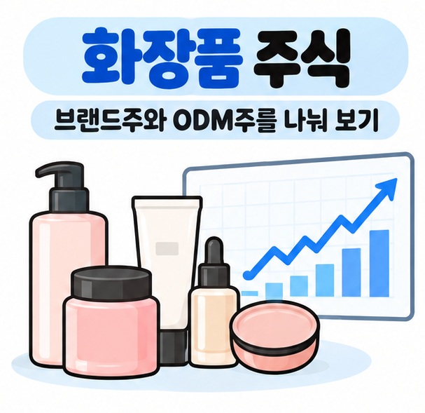 화장품 주식을 상징하는 화장품 용기와 주식 차트 아이콘 카드뉴스