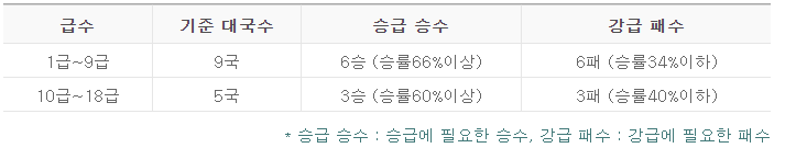 기력별 승급체계를 나타내는 표