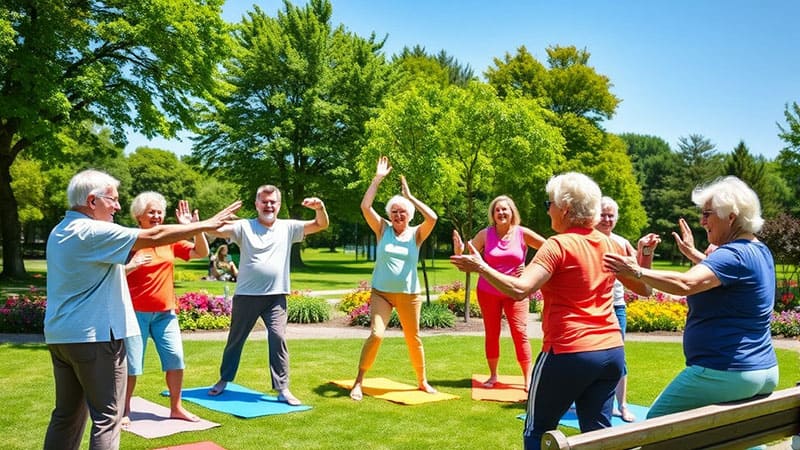 시니어들이 모여 즐겁게 운동하는 이미지.