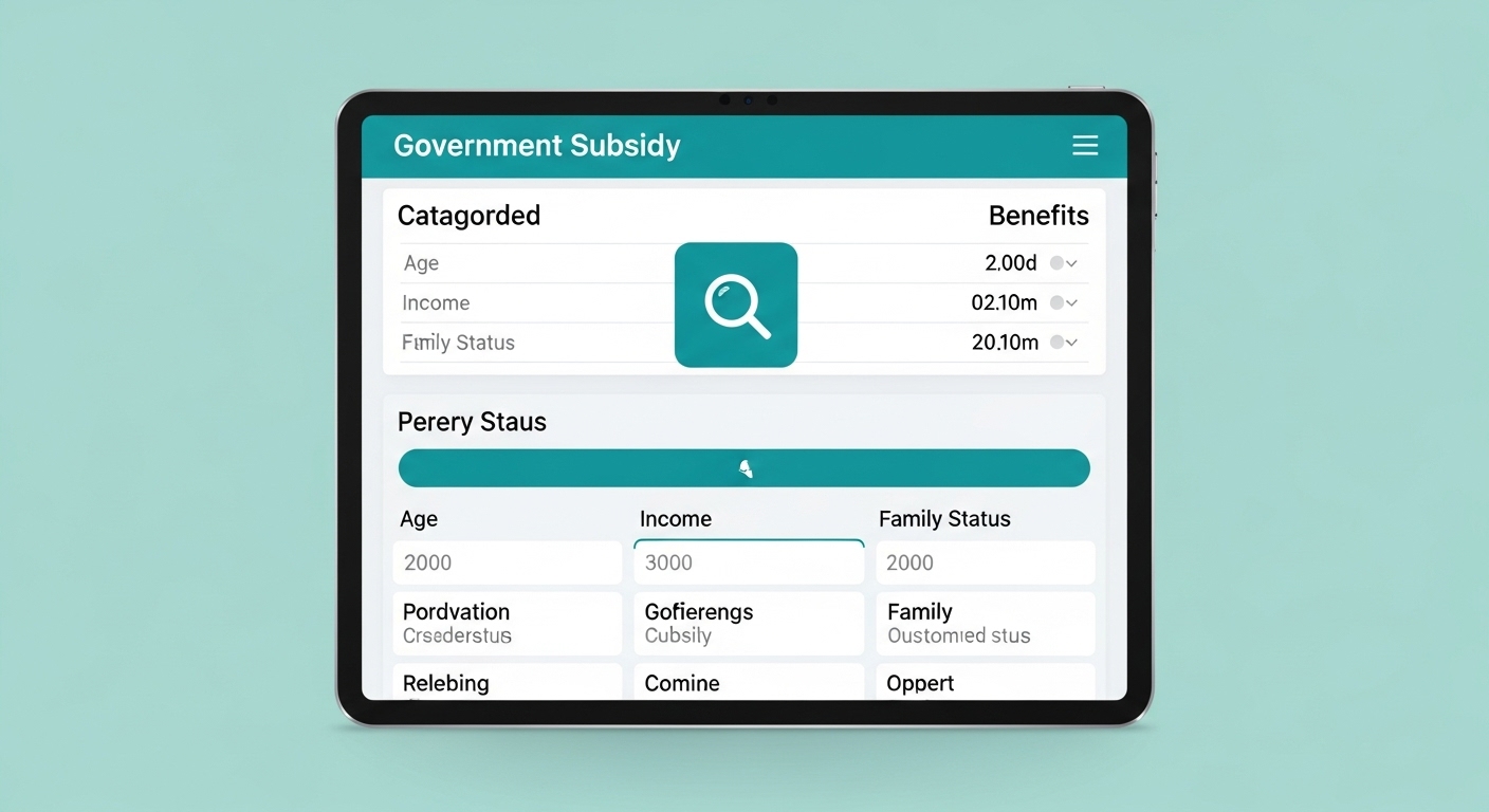 태블릿 화면에 나이, 소득, 가족 구성원 등 개인 조건에 맞춰 분류된 정부 지원금 목록이 표시되어 있고, 돋보기가 정보를 탐색하는 모습을 보여줍니다.