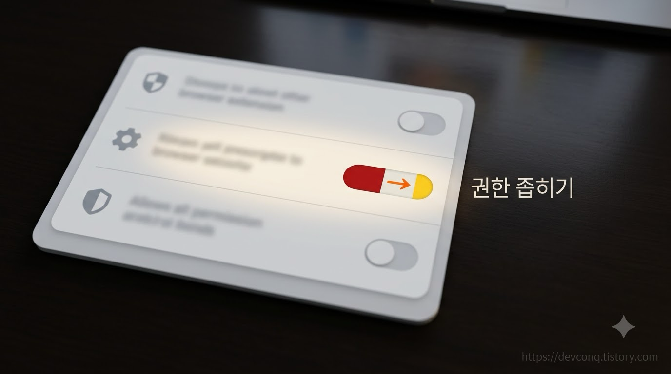 브라우저 확장 권한 설정에서 접근 범위를 좁히는 화면 목업