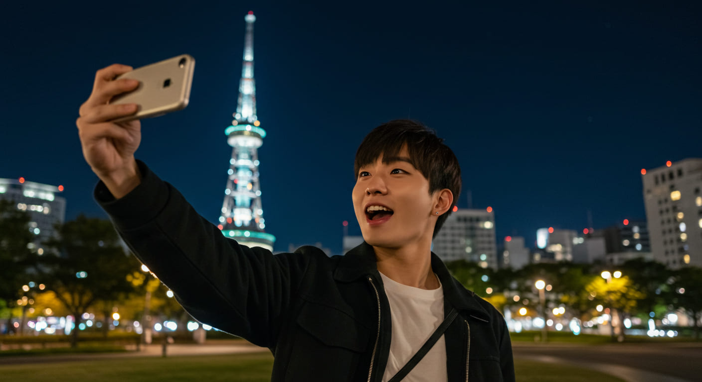 나고야 TV 타워 앞에서 셀카를 찍는 한국인 관광객