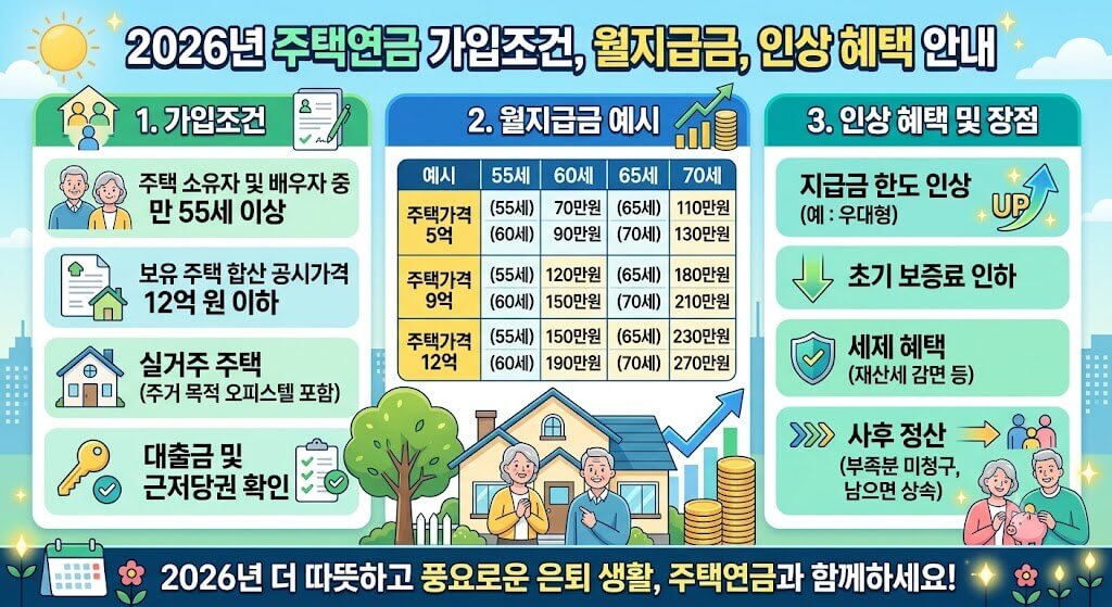 2026년 주택연금 가입조건 및 월지급금, 인상 혜택 안내 인포그래픽