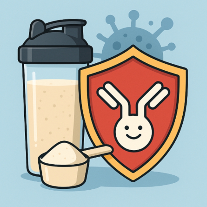 단백질 셰이크, 방패 아이콘, 면역세포 형태 일러스트가 조합된 면역력 강화 시각 이미지