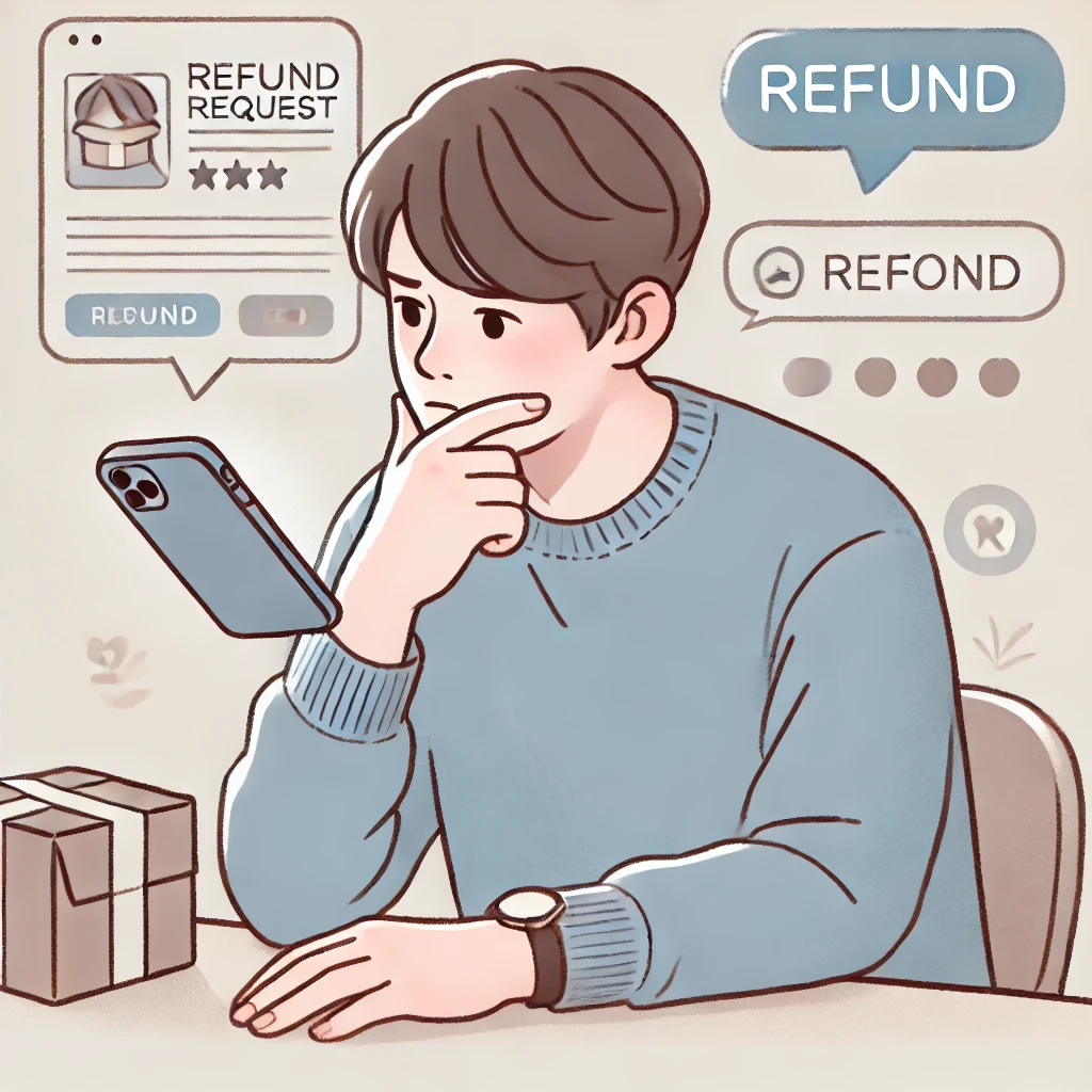 중고거래후 환불요청을 받고 고민하는 사람의 이미지