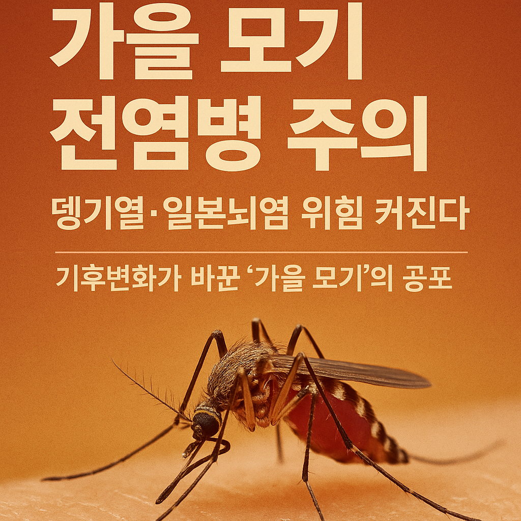 가을 모기 전염병 주의 포스터, 뎅기열·일본뇌염 위험 경고와 모기 확대 사진