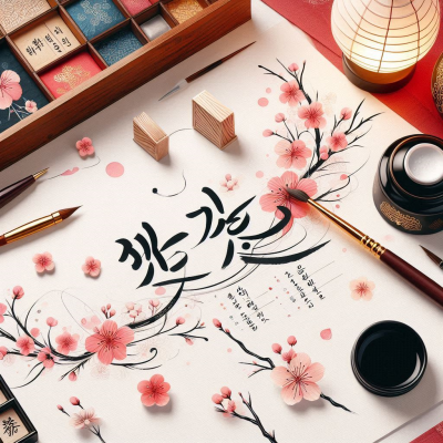 한지 위에 붓글씨와 매화 장식