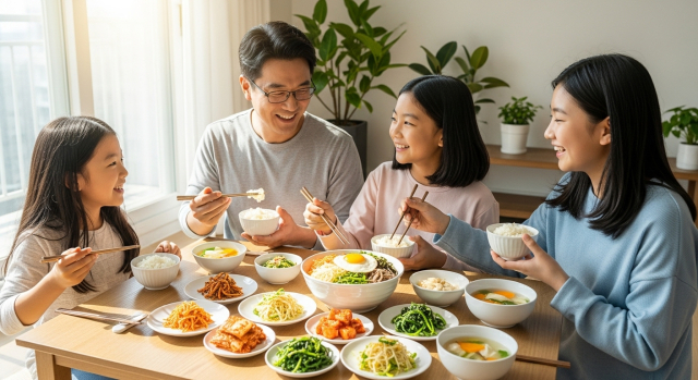 채소 위주로 식사하는 중년 가족