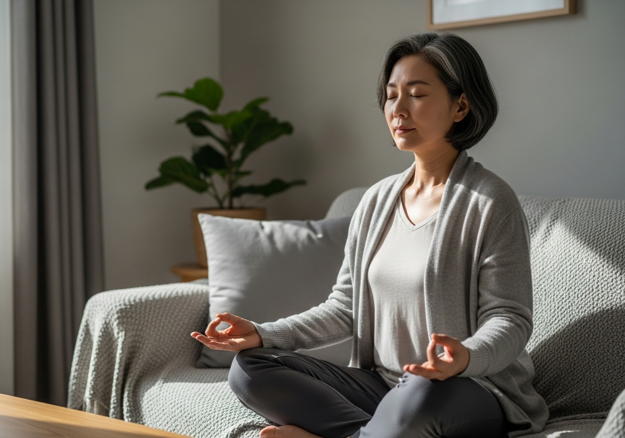 50대 여성 명상 거실 소파