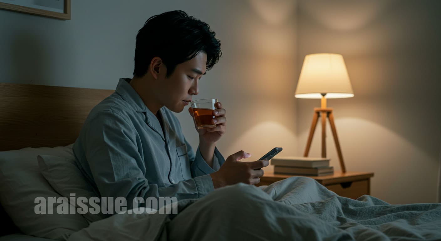 직작인 남성이 침대에서 스마트폰 보며 허브차 마시는 장면