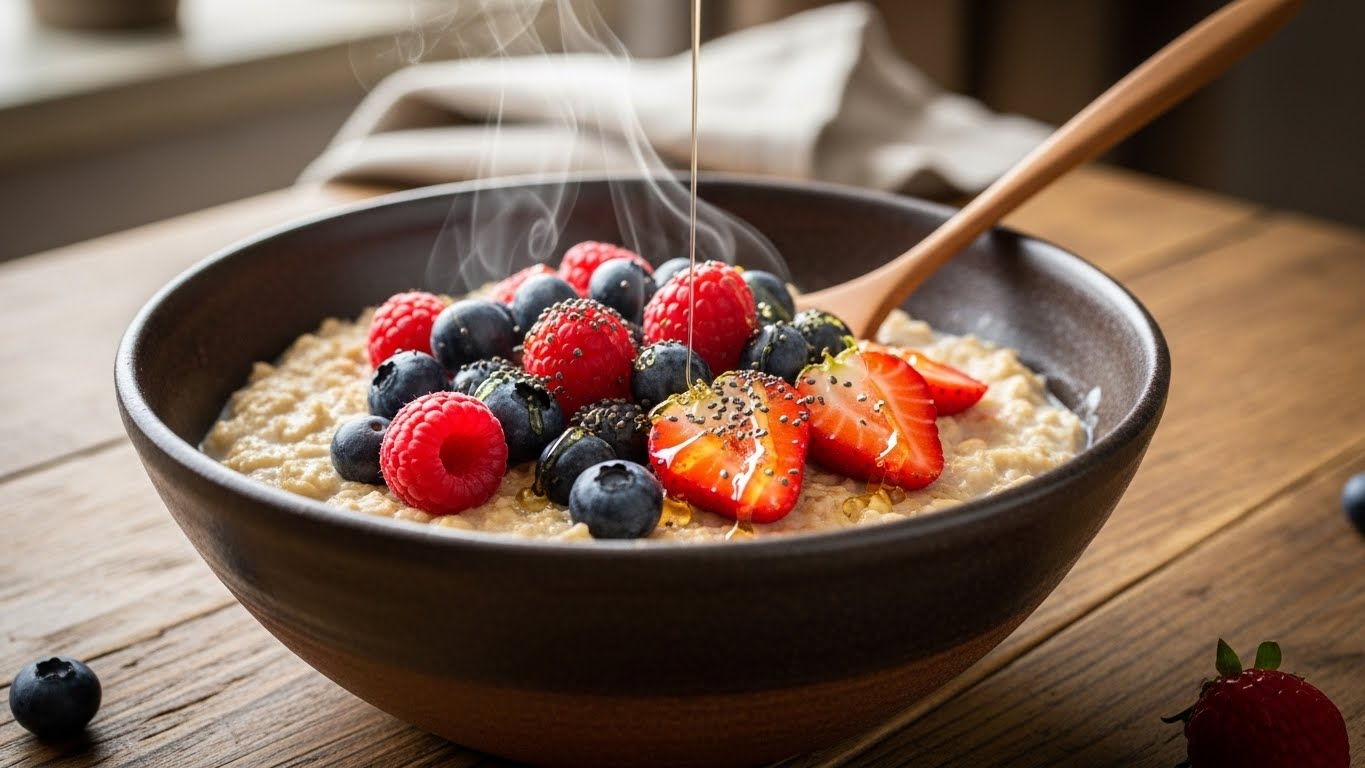 소화가 잘 되고 혈관 건강에 좋은 따뜻하고 영양 가득한 오트밀 죽의 먹음직스러운 사진