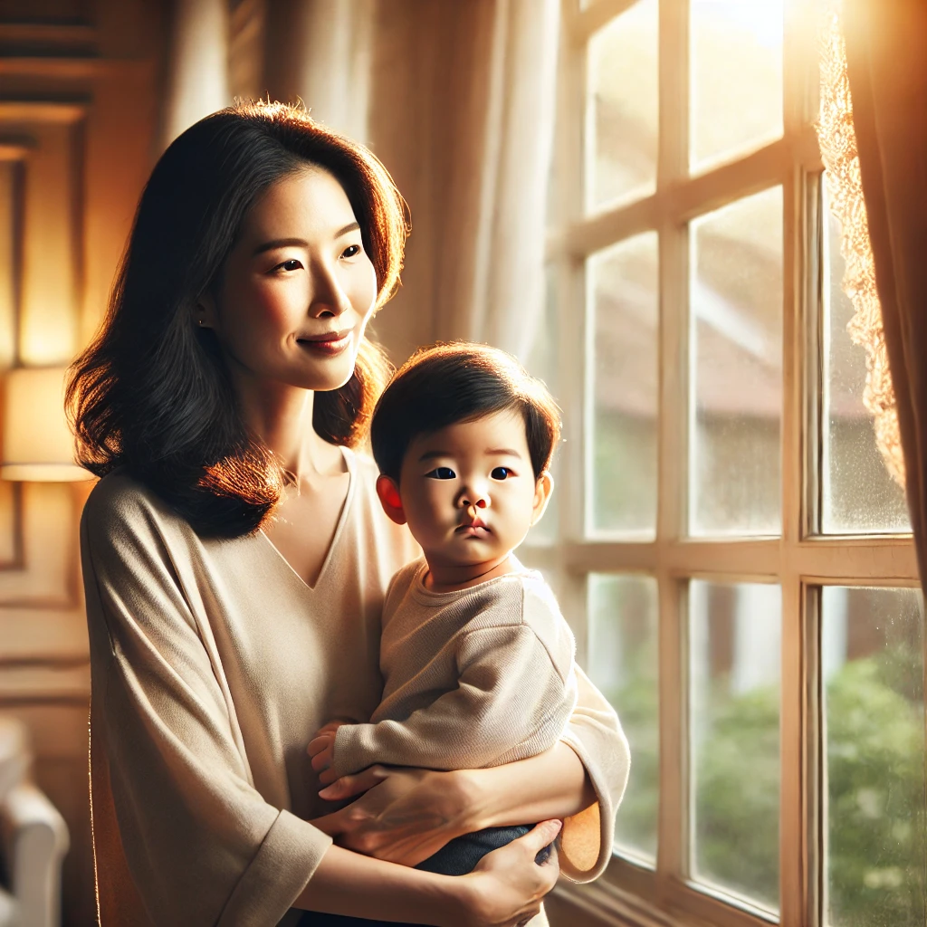 30대 후반의 한국 어머니가 큰 창가에 서서 아기를 안고 따뜻한 햇살 아래 밖을 내다보며 평온하고 만족스러운 표정을 짓고 있는 모습&amp;#44; 평화롭고 우아하게 꾸며진 방