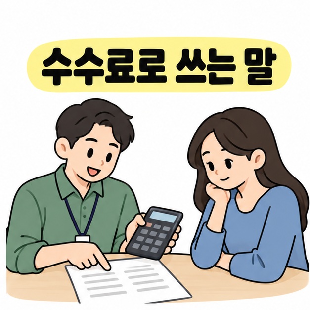 판매 담당자가 거래 문서를 짚으며 계산기를 들어 고객에게 수수료 내용을 설명하는 모습