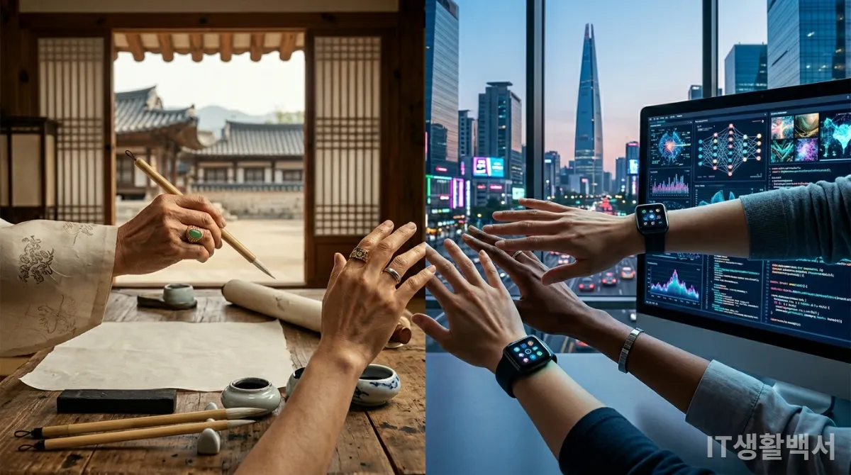 전통적인 한국 법률 문서와 AI 생성 디지털 콘텐츠가 대비되는 화면, AI 저작권에 대한 국내외 법적 쟁점을 상징한다.