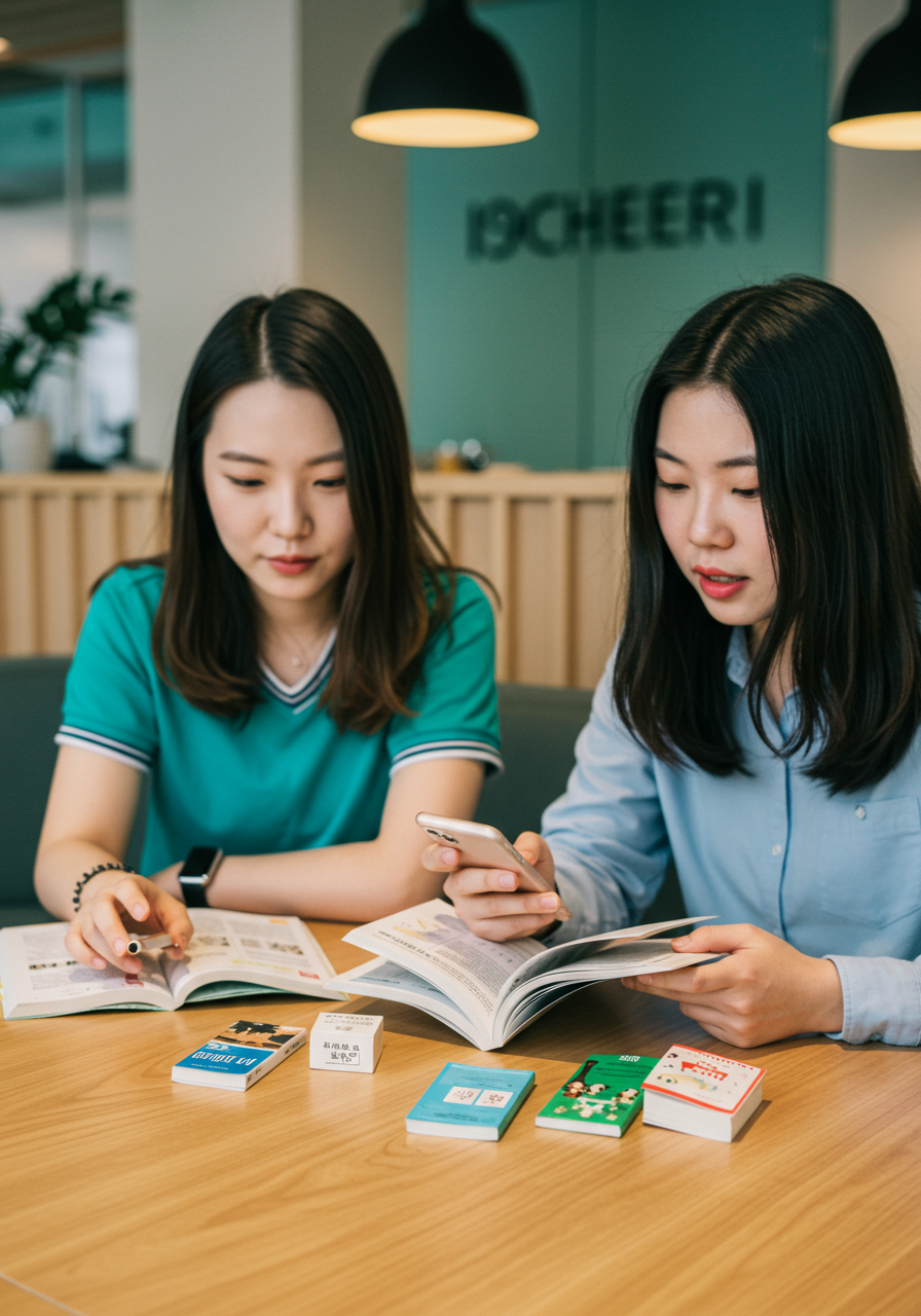 여대생 두명이 테이블에 앉아서 여러 종류의 책을 살펴보고 있는 이미지
