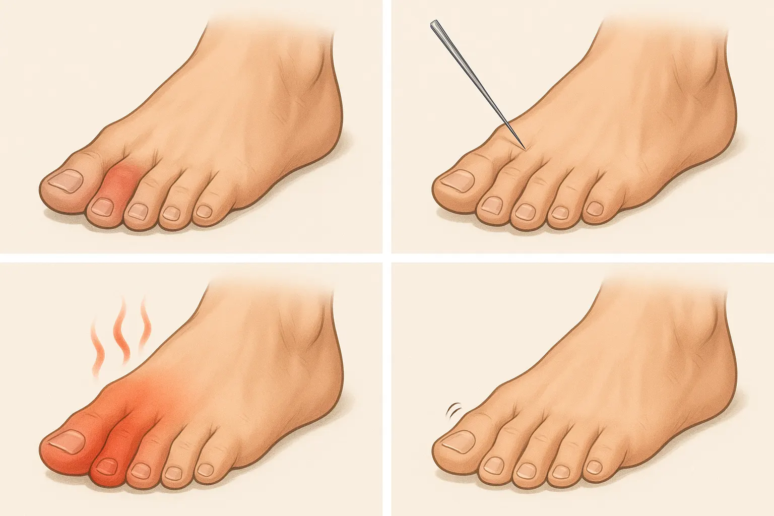 붓고 붉어진 발가락, 바늘로 찌르는 듯한 통증, 열감·부종, 저릿한 방사통