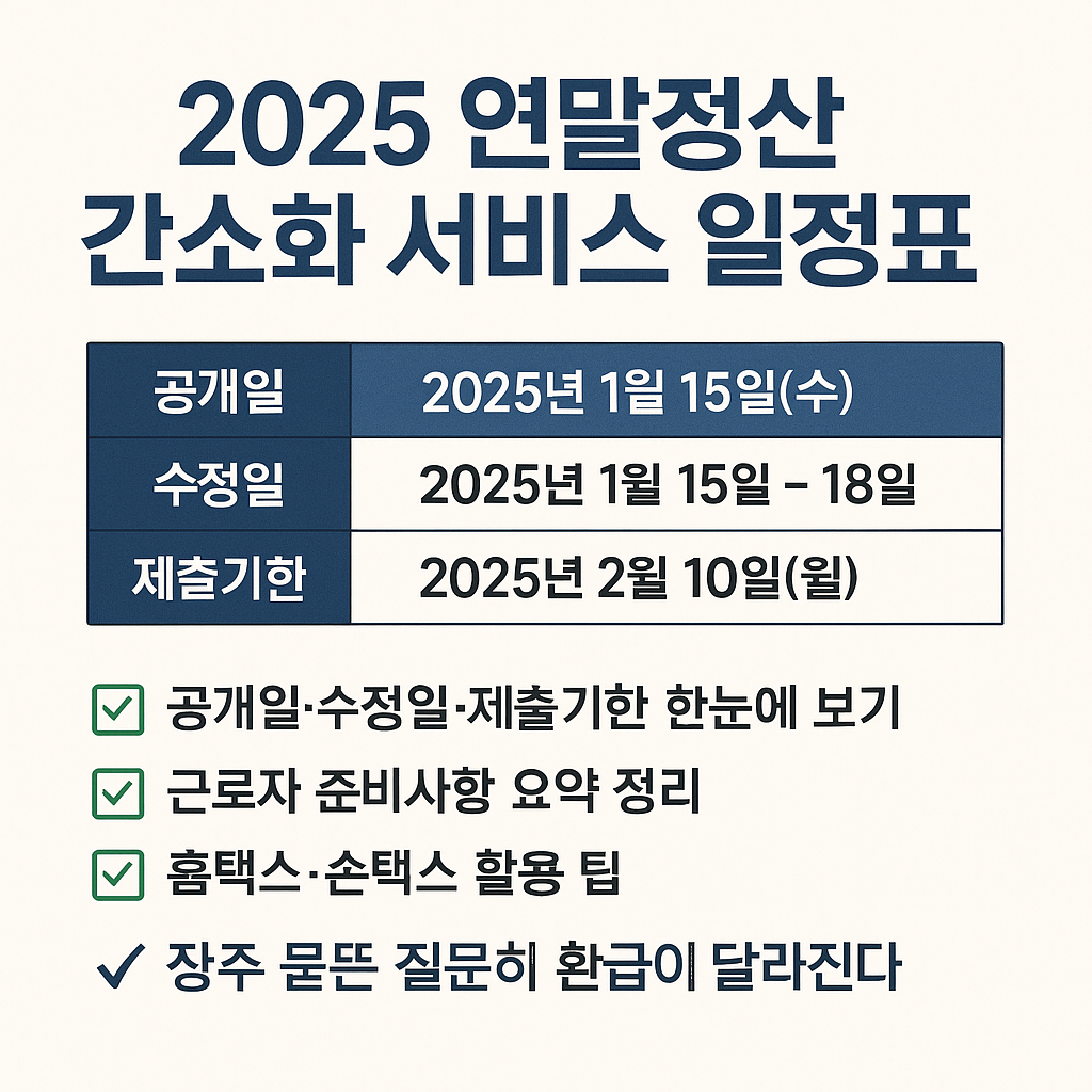 2025 연말정산 간소화 서비스 일정표 &mdash; 공개일&middot;수정일&middot;제출기한 한눈에 보기
