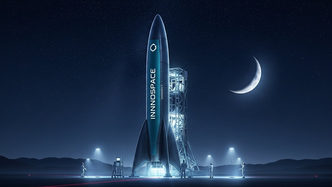 발사대에 우뚝 선 이노스페이스 한빛-나노 로켓과 이를 점검하는 엔지니어들, 미래 우주를 향한 도전을 상징