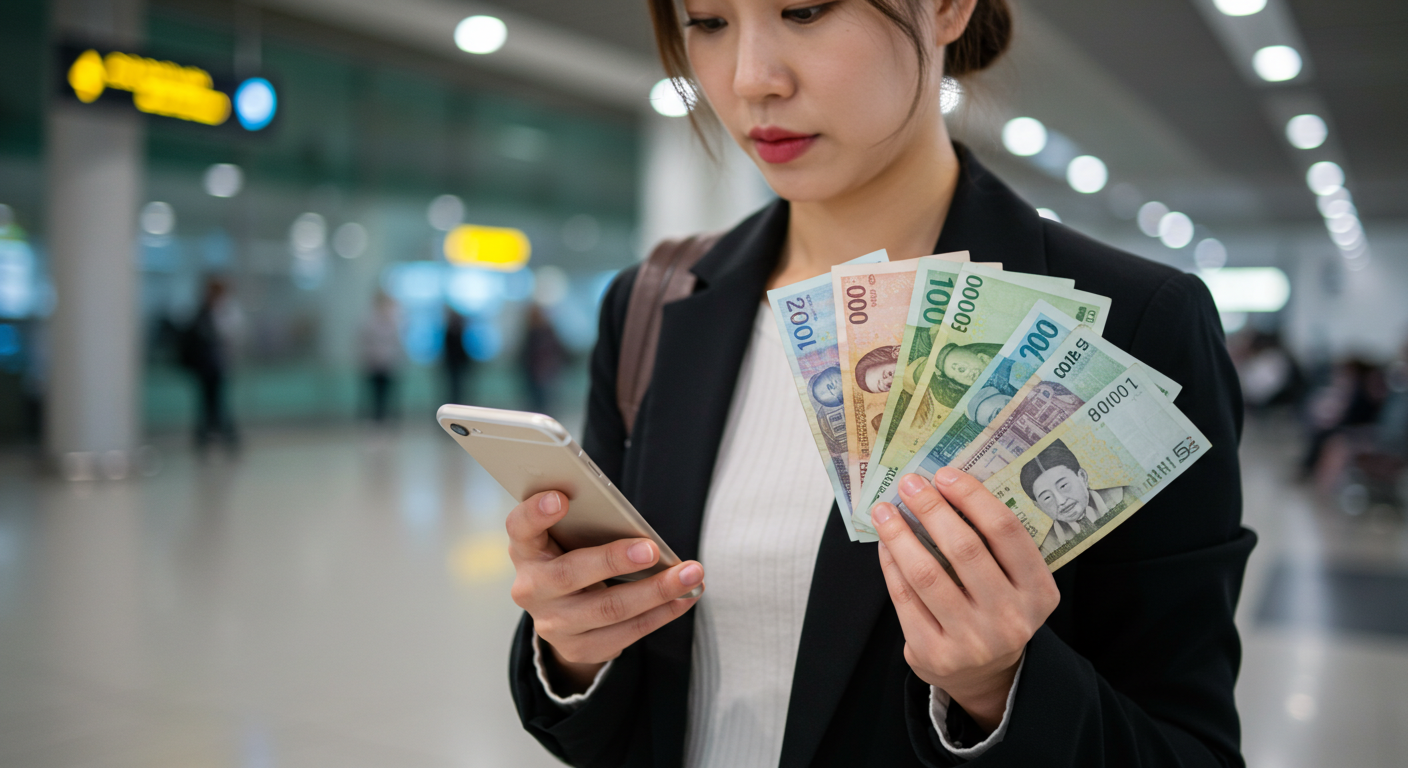 스마트폰으로 환율을 확인하며 외화를 들고 있는 모습