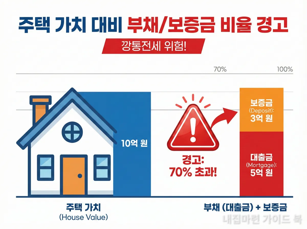 집값 대비 부채와 보증금 비율이 70%를 넘을 때 경고등이 켜지는 인포그래픽