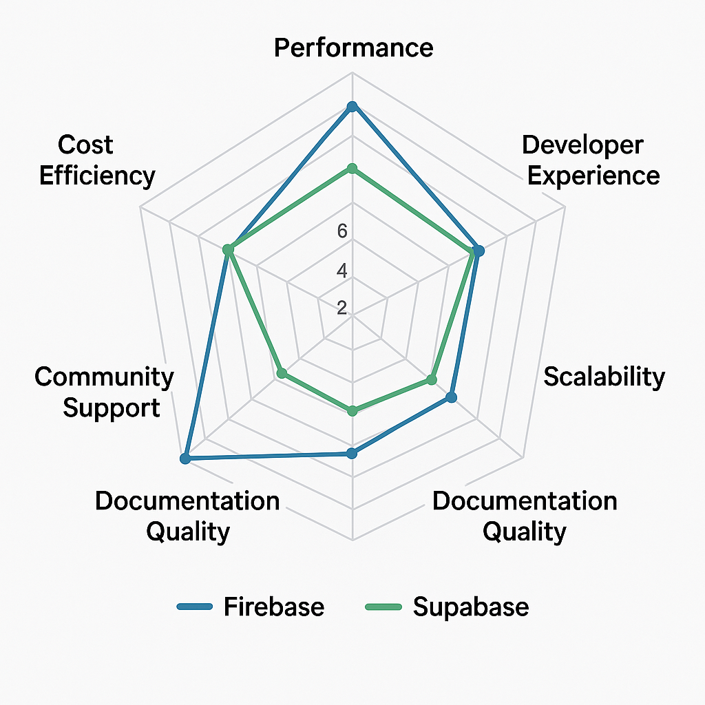 Radar chart showing Firebase vs Supabase comparison across performance, cost, and developer experience metrics